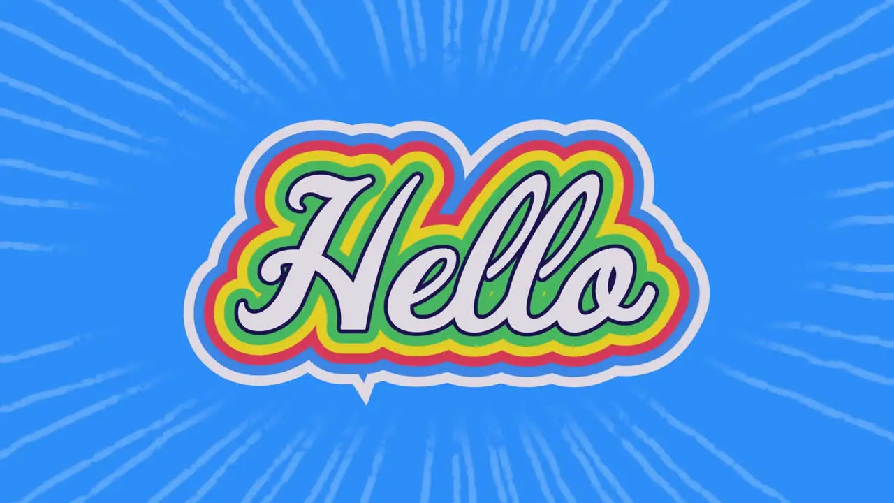 Animation of hello text banner with rainbow shadow effect against light trails on blue background