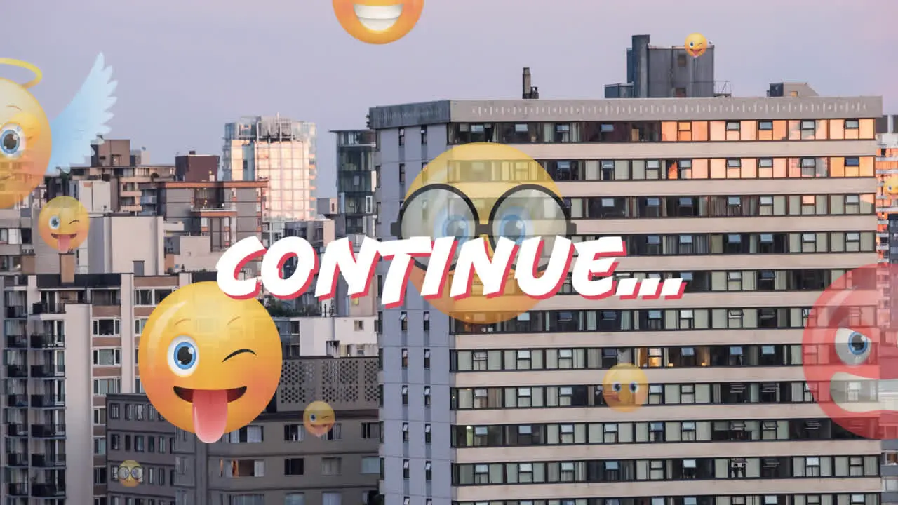 Animation of continue and emoji icons over cityscape