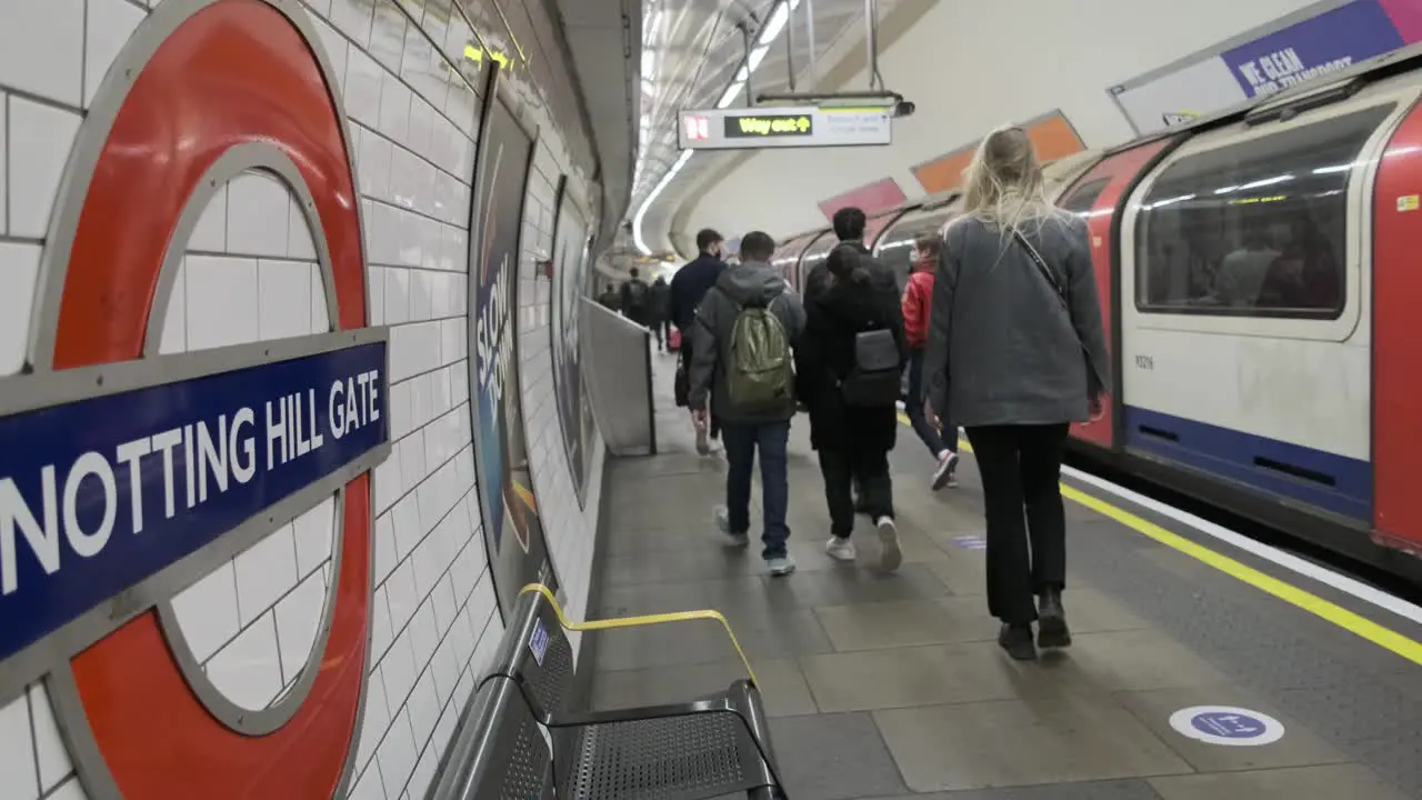 London underground Central Line train leaving Notting hill gate station