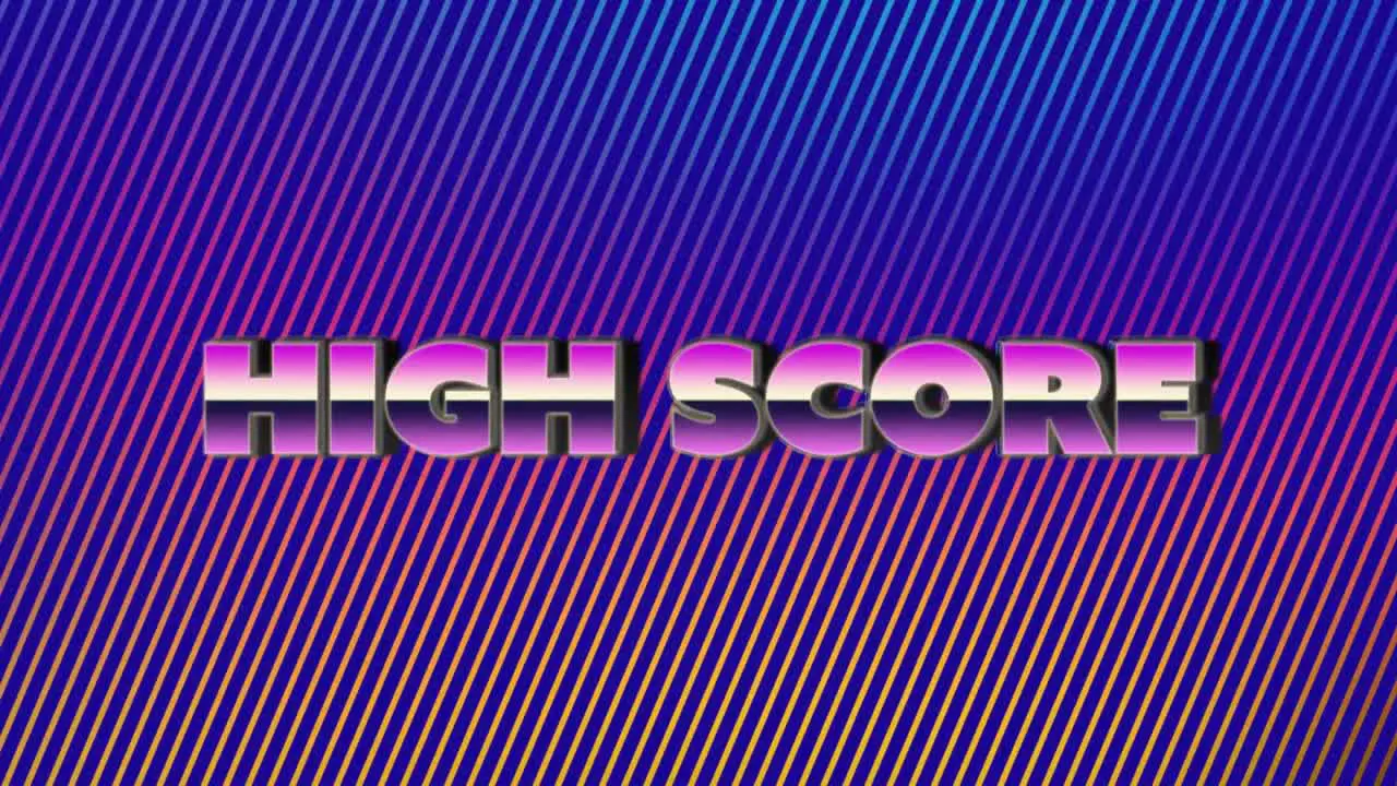 Animation of high score text in metallic letters over glowing blue to pink stripes