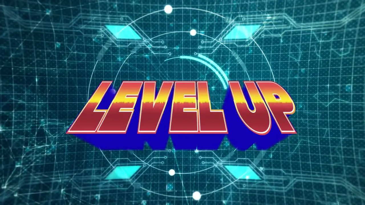 Animation of level up over data processing on green background