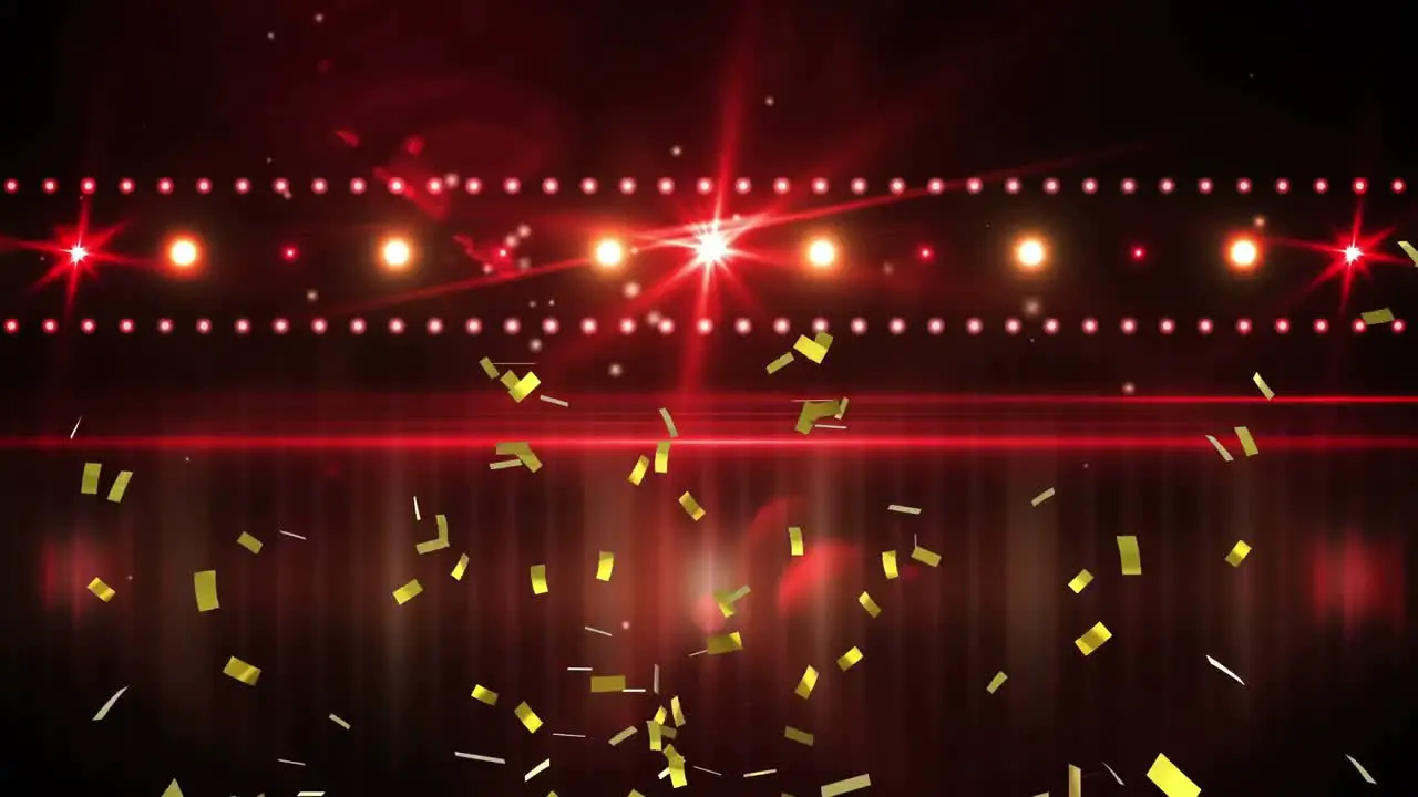 Animation of confetti falling over glowing spot lights and red curtain in music venue