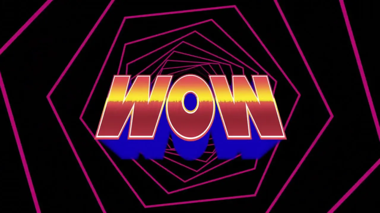 Animation of wow over pink hexagons moving on black background