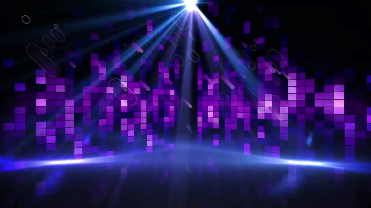 Animation of purple light trails falling over spot light and glowing purple music equalizer