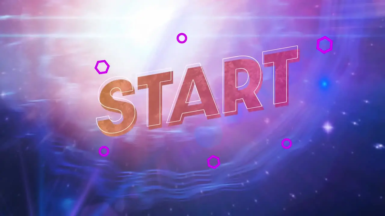 Animation of you win text orange to red letters over purple hexagons on pink to blue background