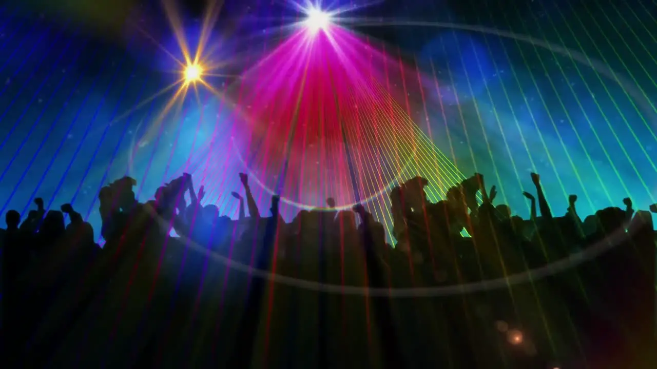 Animation of people dancing in club music venue with yellow light moving over glowing spotlights