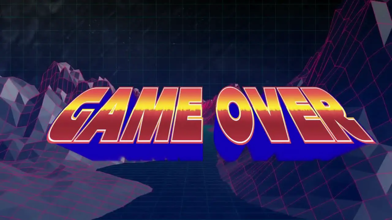 Animation of game over over metaverse landscape on black background