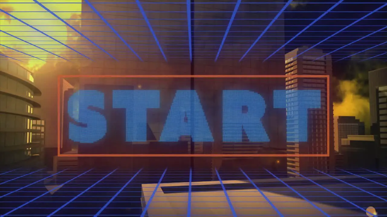 Animation of start text over digital cityscape