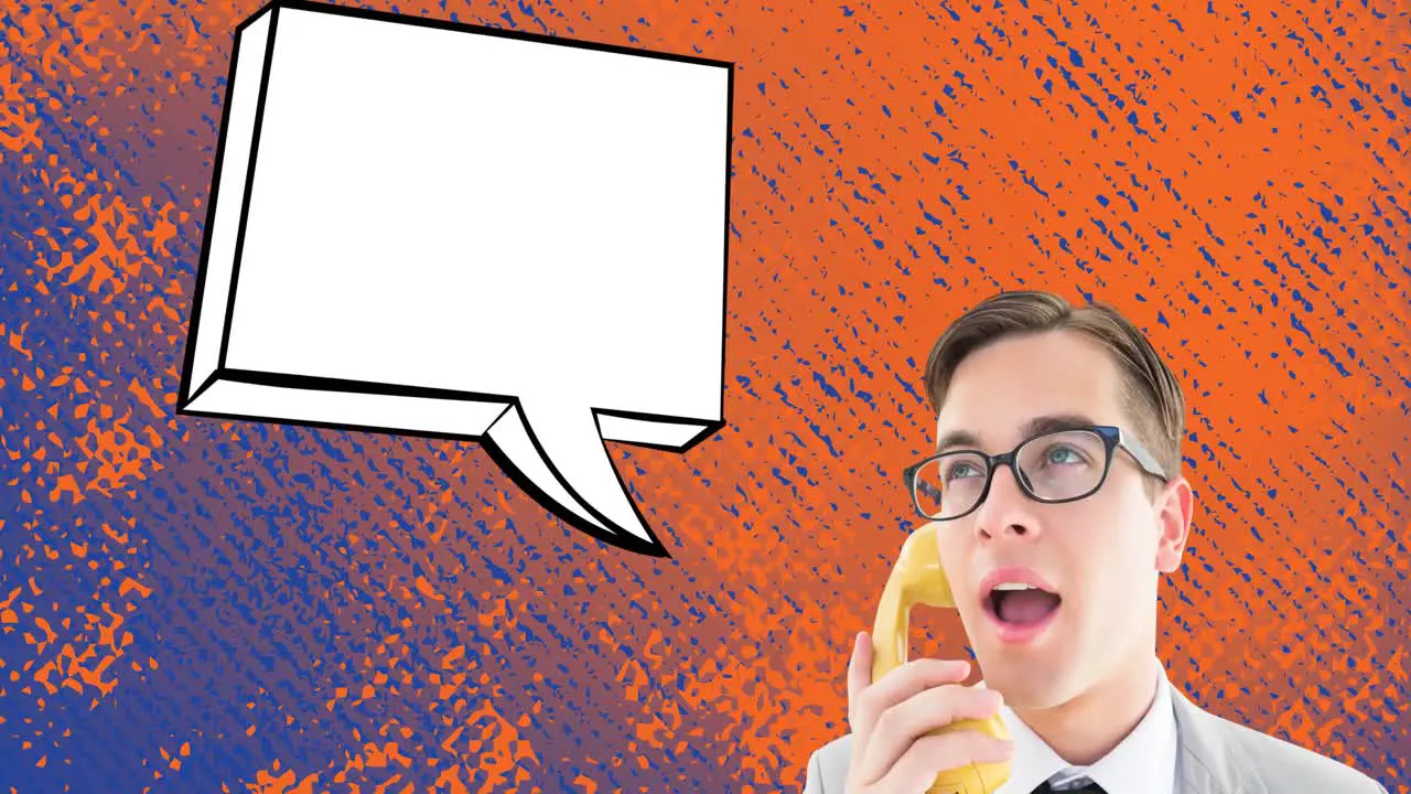 Animation of man talking on vintage phone speech bubble with copy space over distressed background