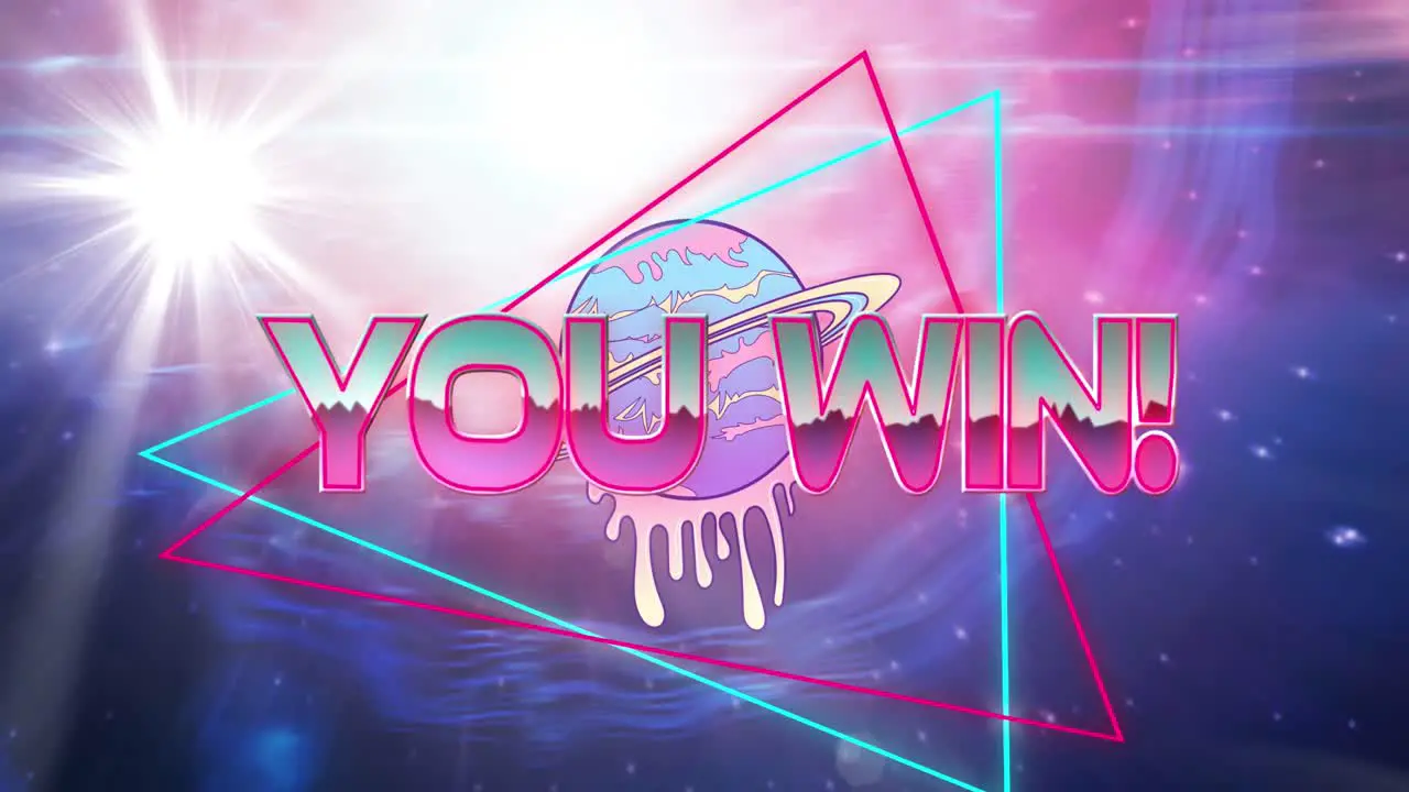 Animation of you win text in metallic letters over pink and blue triangles pink to blue background