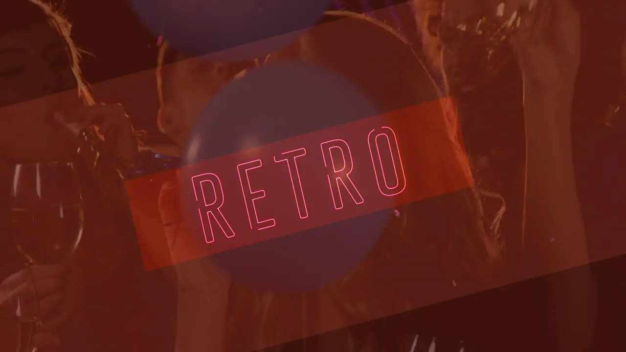 Animation of neon retro text in red over smiling friends at party