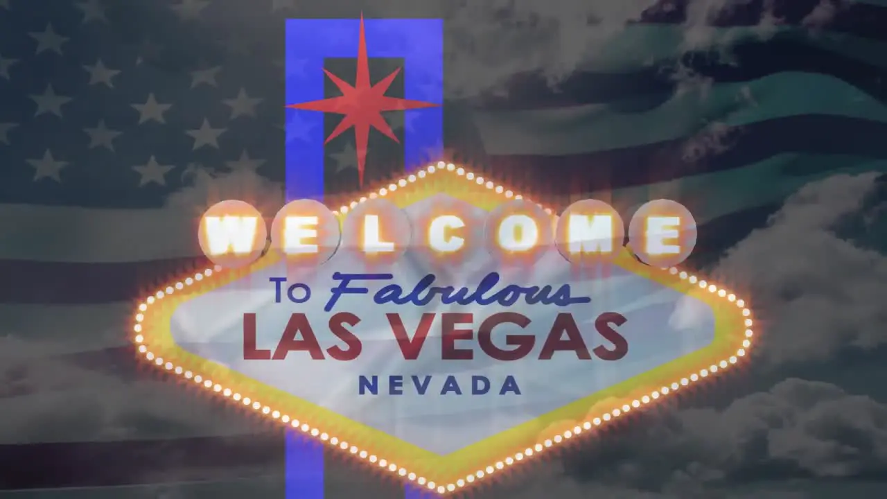 Animation of las vegas neon sign over american flag