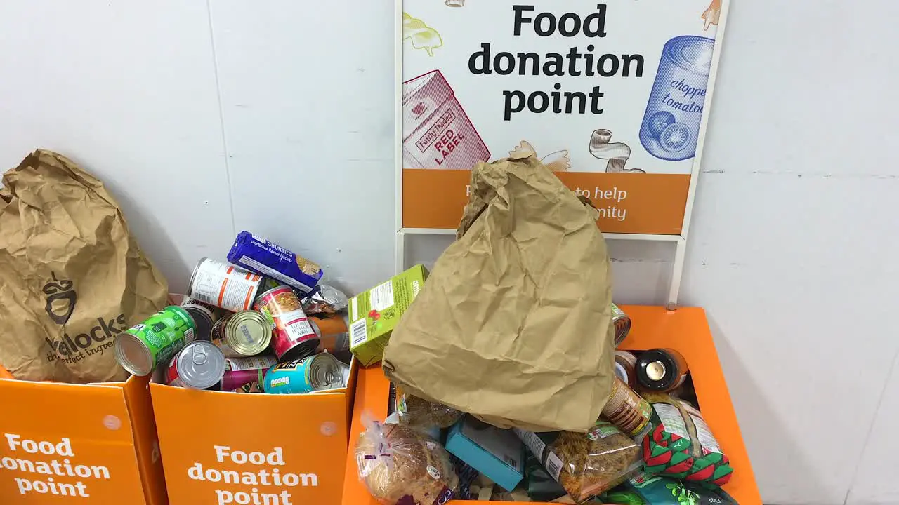 Charity food donations in a London supermarket during Covid lockdown