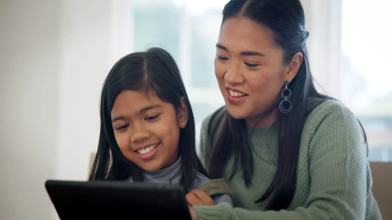 Mother girl and tablet for home education