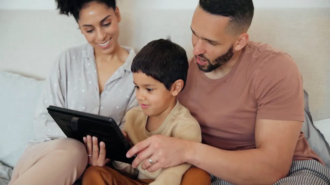 Relax love and happy family with tablet in a bed