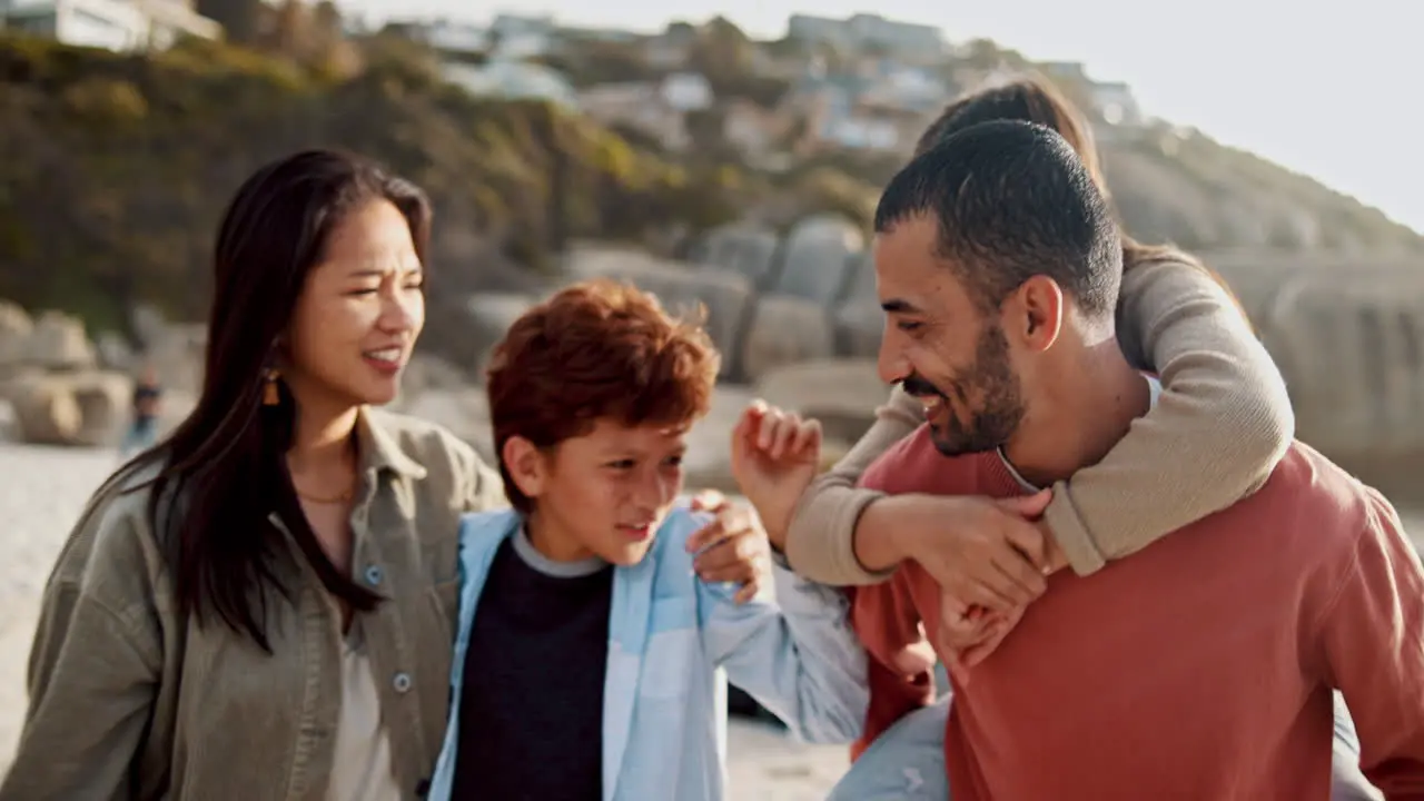 Beach love and happy family in nature with hug