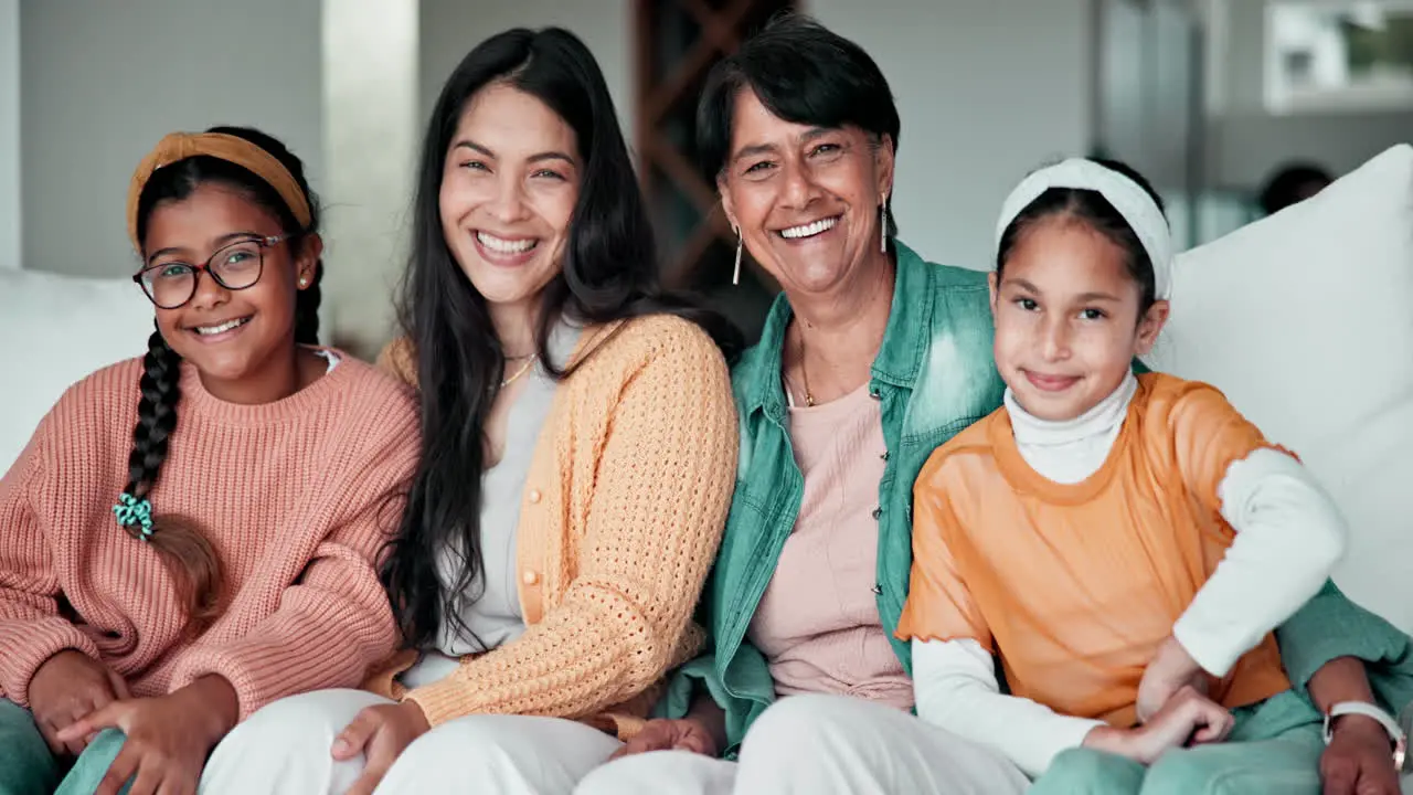 Face happy family or together with love on couch