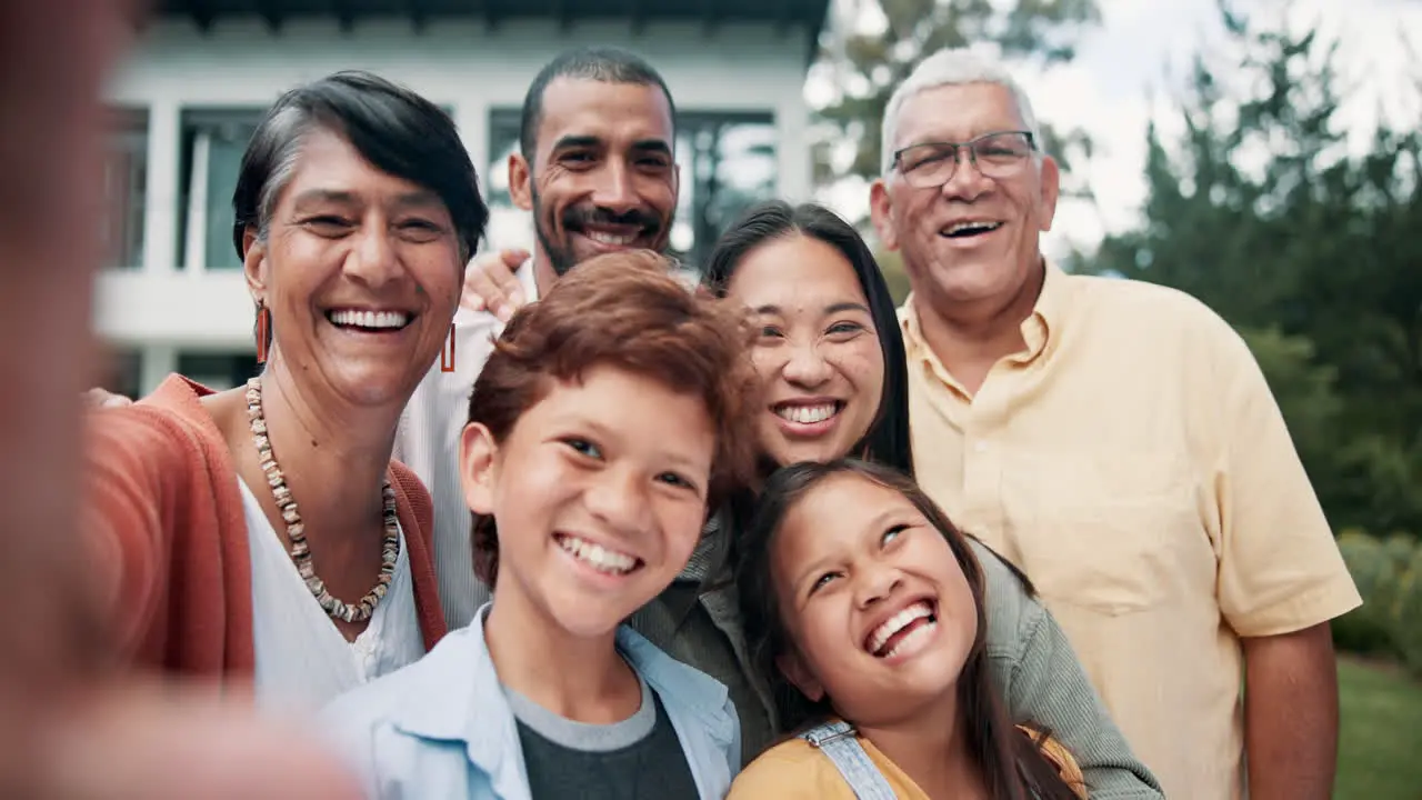 Happy selfie and face of big family at their home