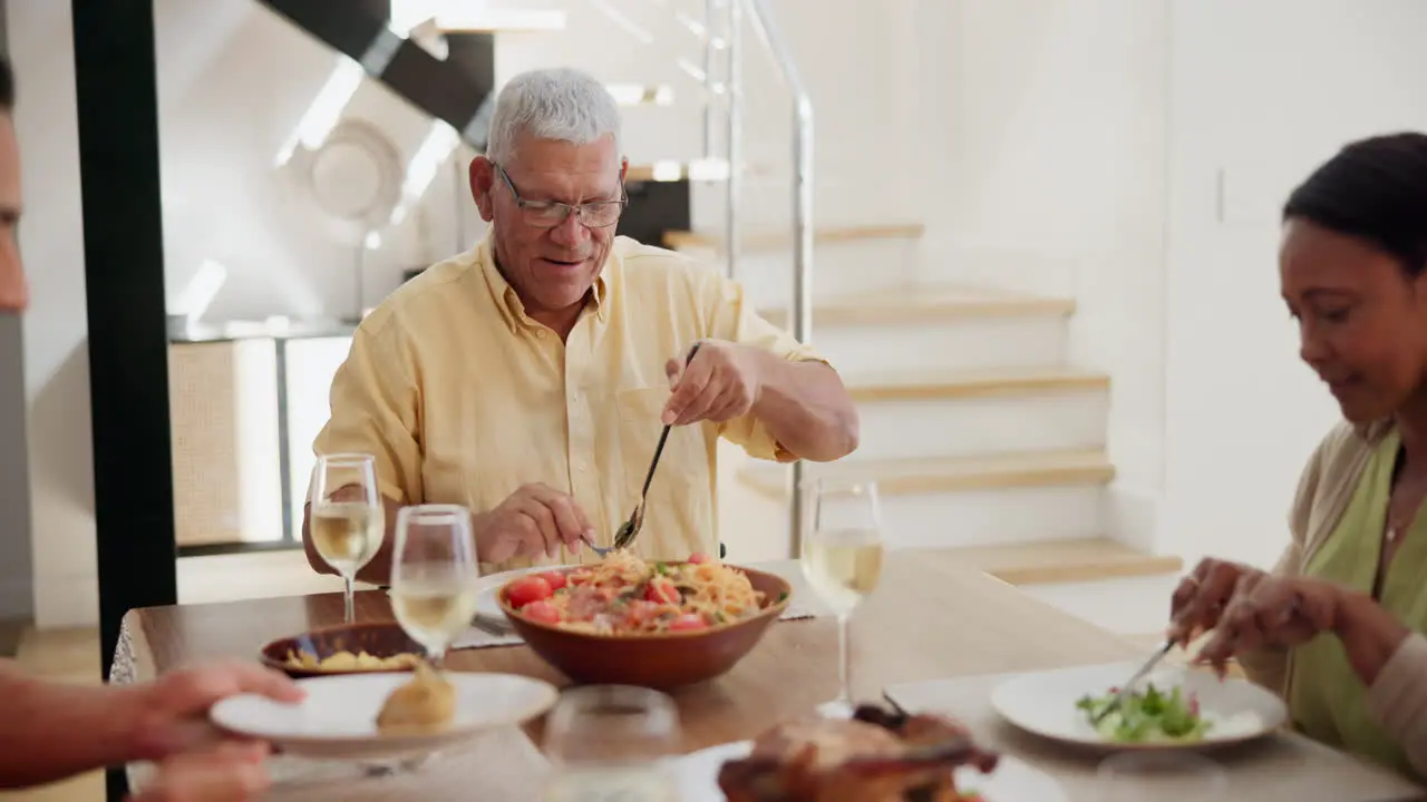 Family dinner and happy in dining room with food