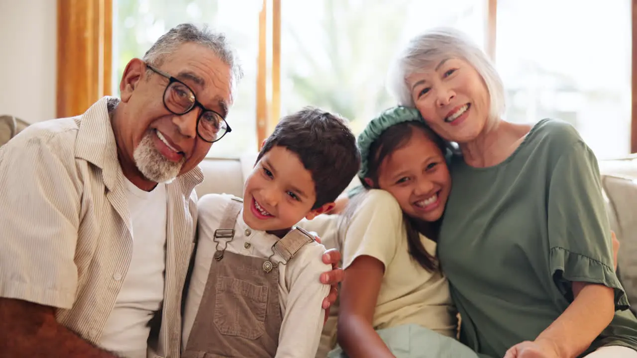 Grandparents happy and face of children on sofa