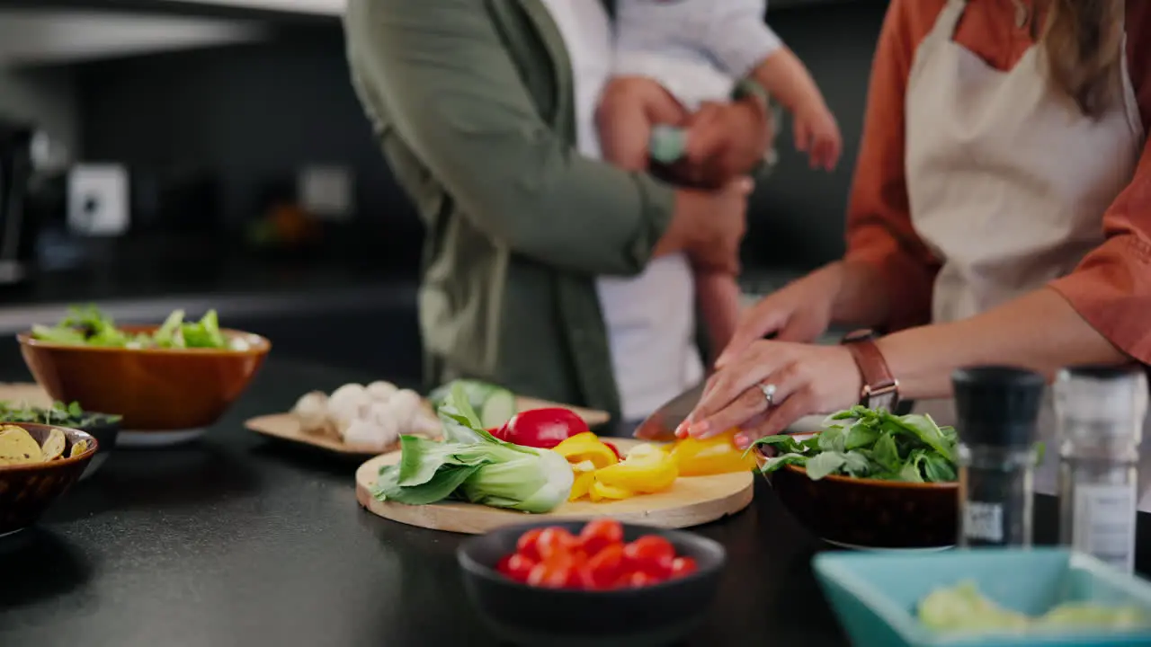 Woman knife and vegetables with hands in family