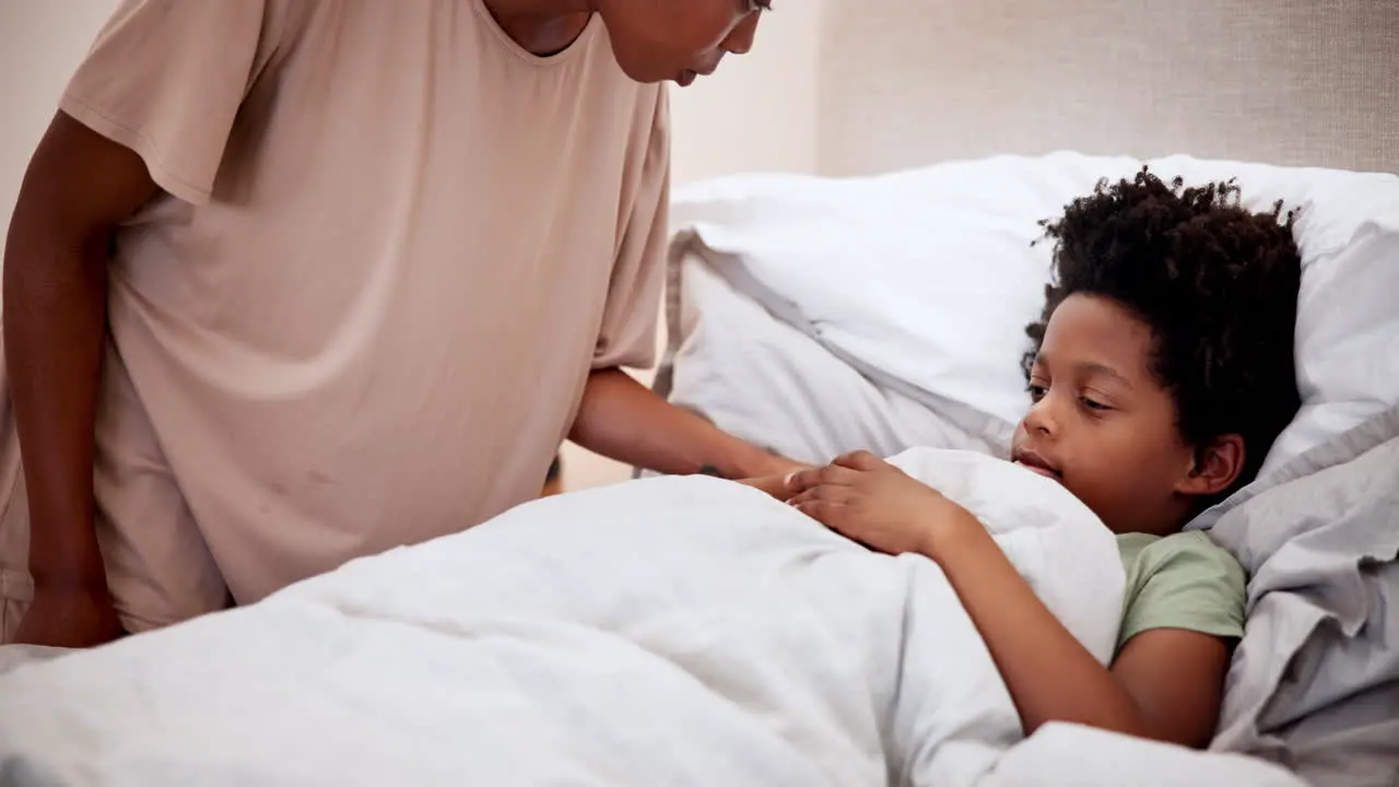 Woman monitor and sick child in bed with cough