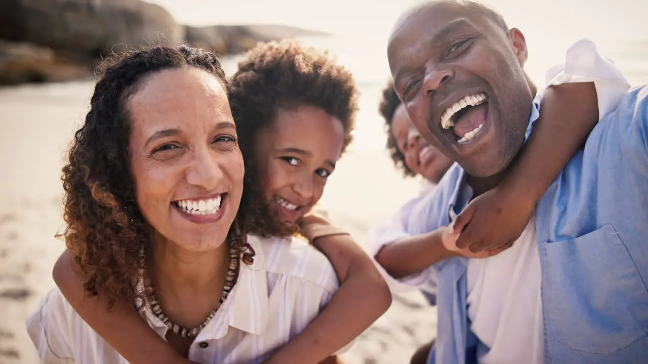 Selfie happy family on beach together for holiday