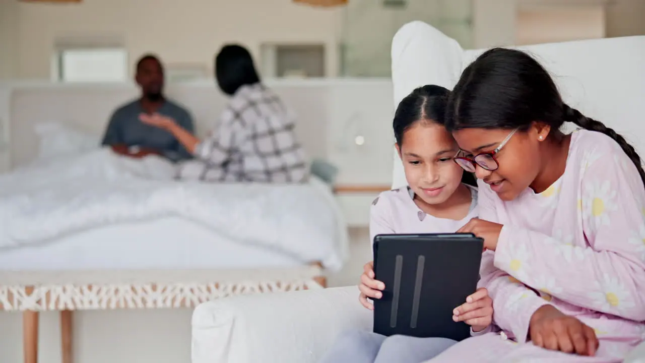 Girl kids tablet and parents fight in bedroom