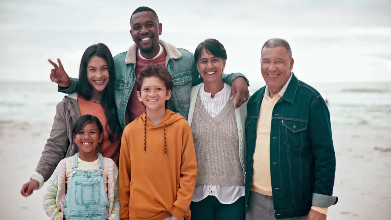 Big family face or happy on beach with love