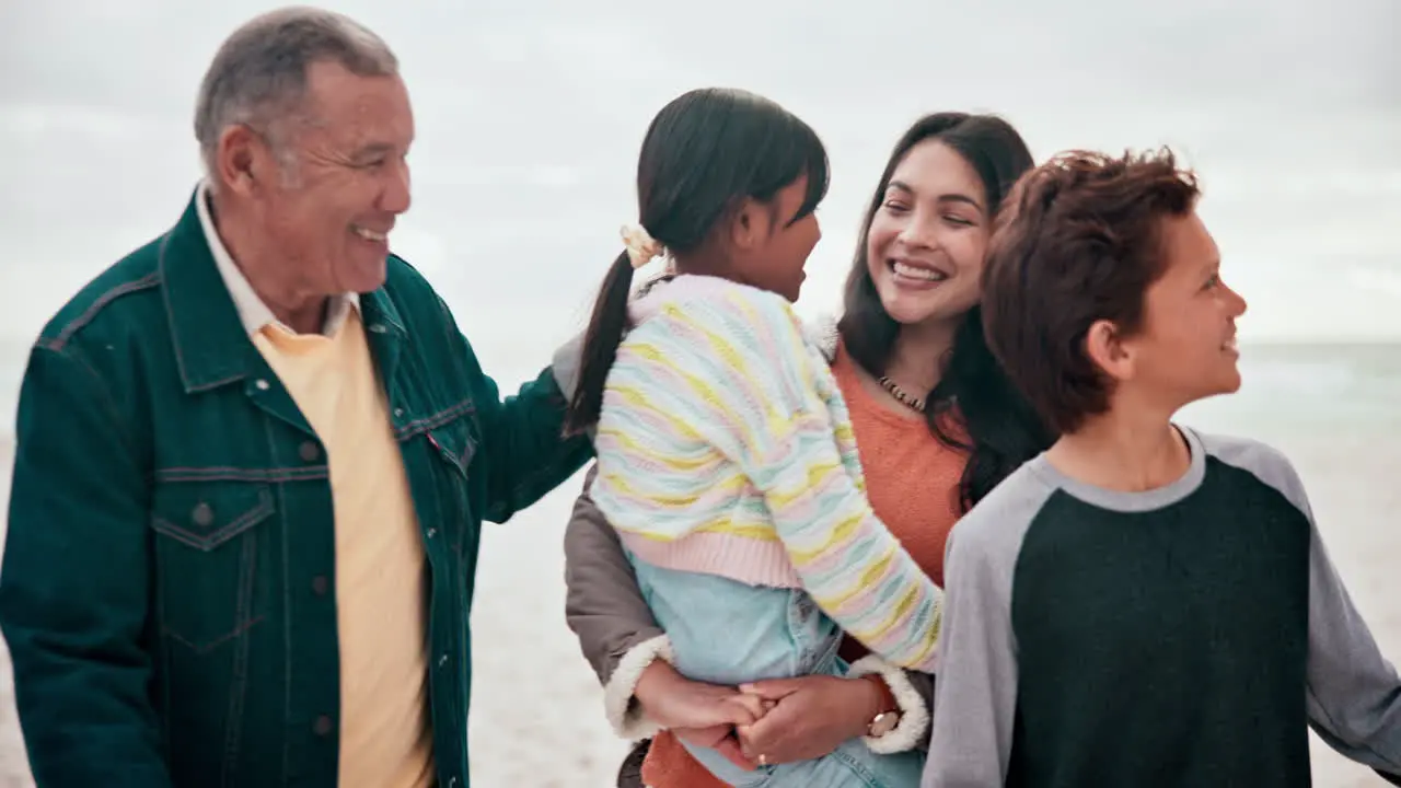 Big family love and happy on beach with walking