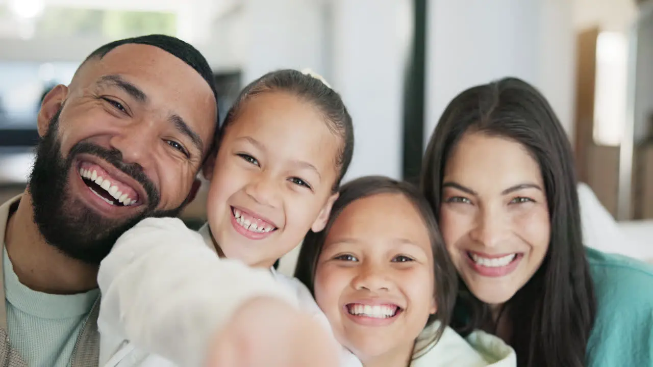 Face happy family or selfie with love on couch