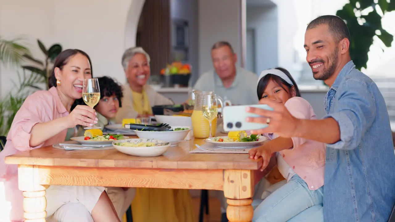 Big family smile or selfie for dinner celebration