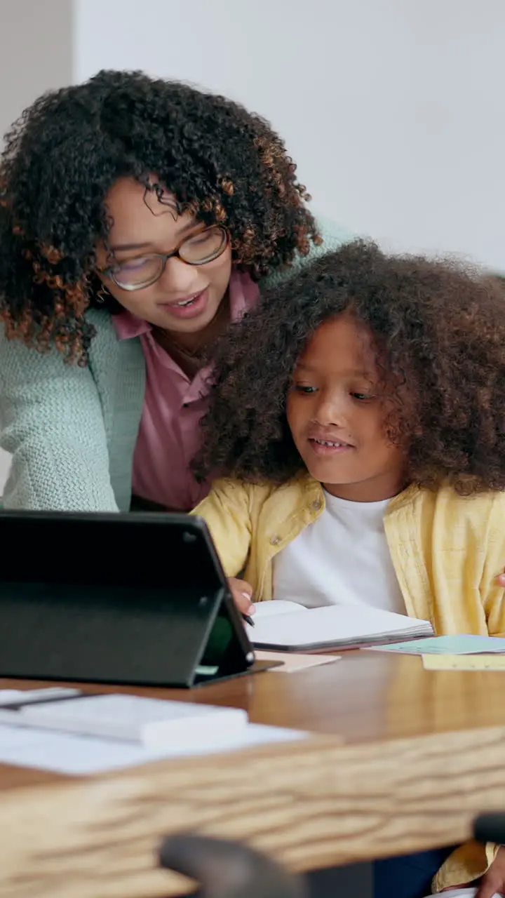 Mother child and tablet with homework book