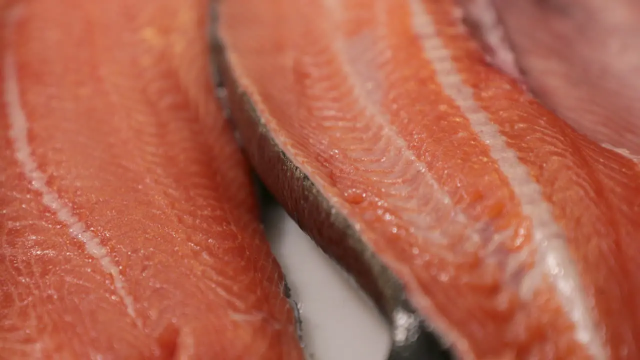 Fresh Salmon Meat Prepared For Sushi In A Japanese Restaurant Kitchen macro