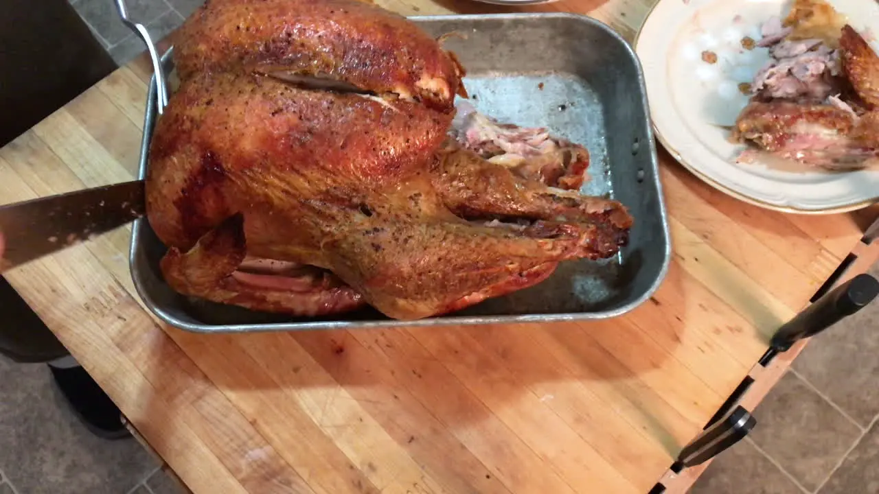 Carving big roast turkey and putting pieces on plates