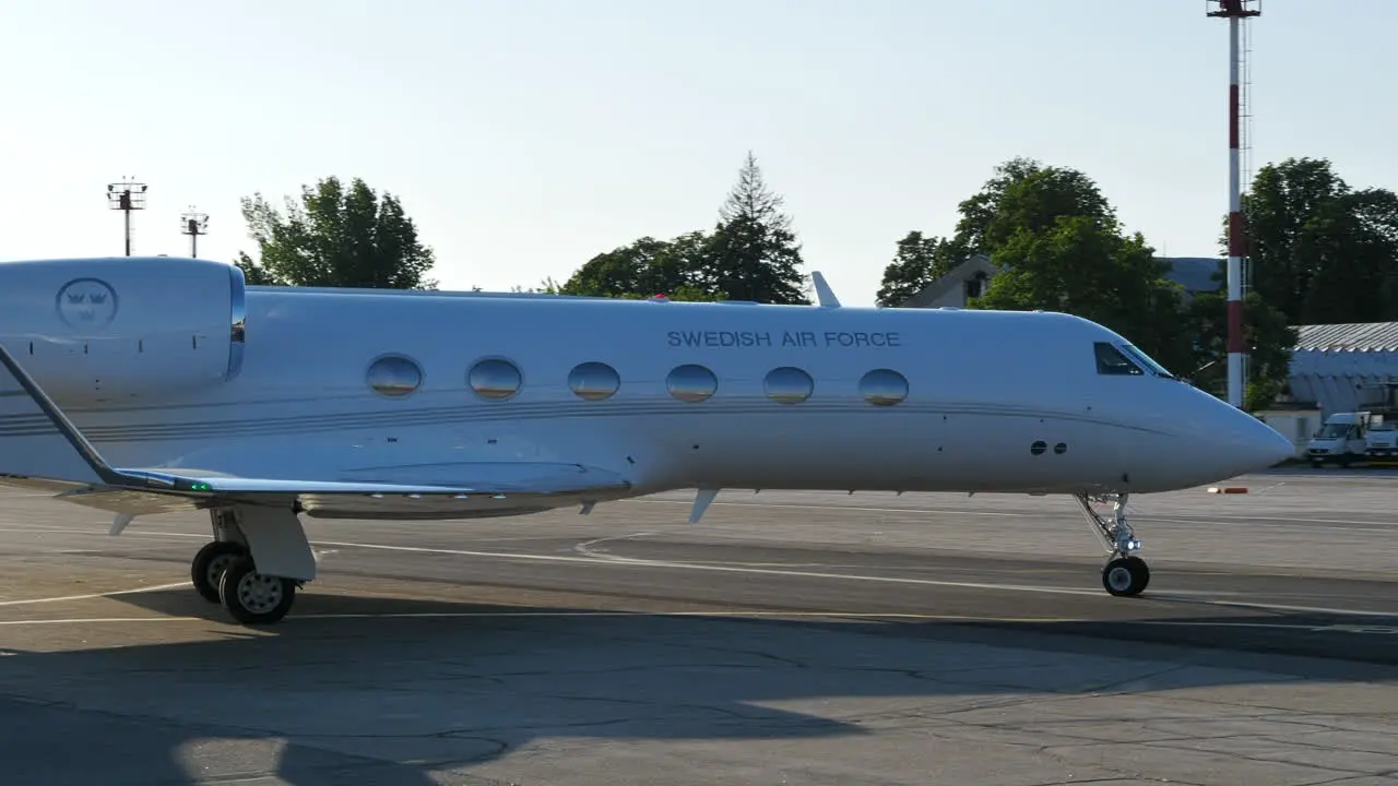 Swedish Air Force Gulfstream IV jet taxiing summer day in Chișinău