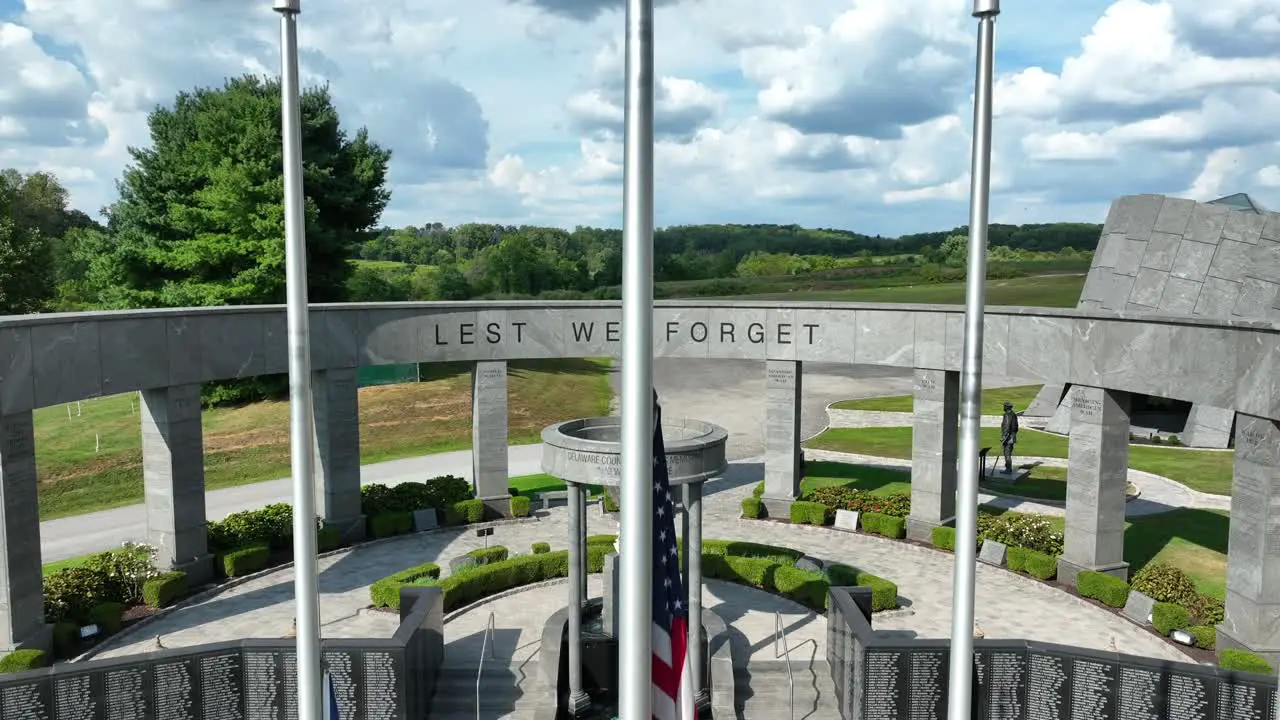 Rising aerial shot of a Veterans Memorial in Delaware County Pennsylvania