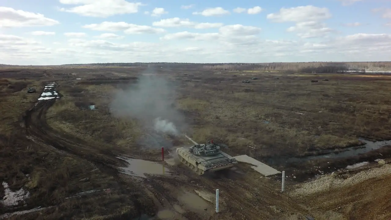 Aerial view of tank firing at military training area Russia