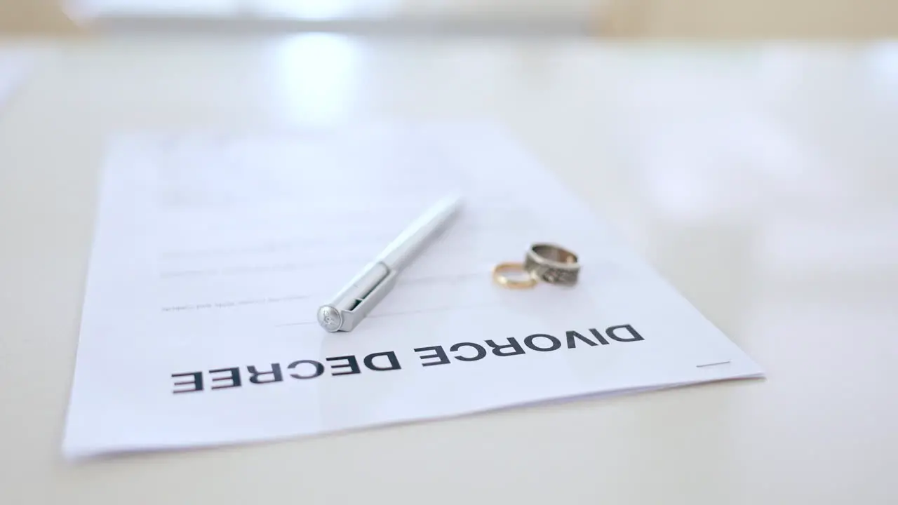 Divorce papers rings and pen for agreement