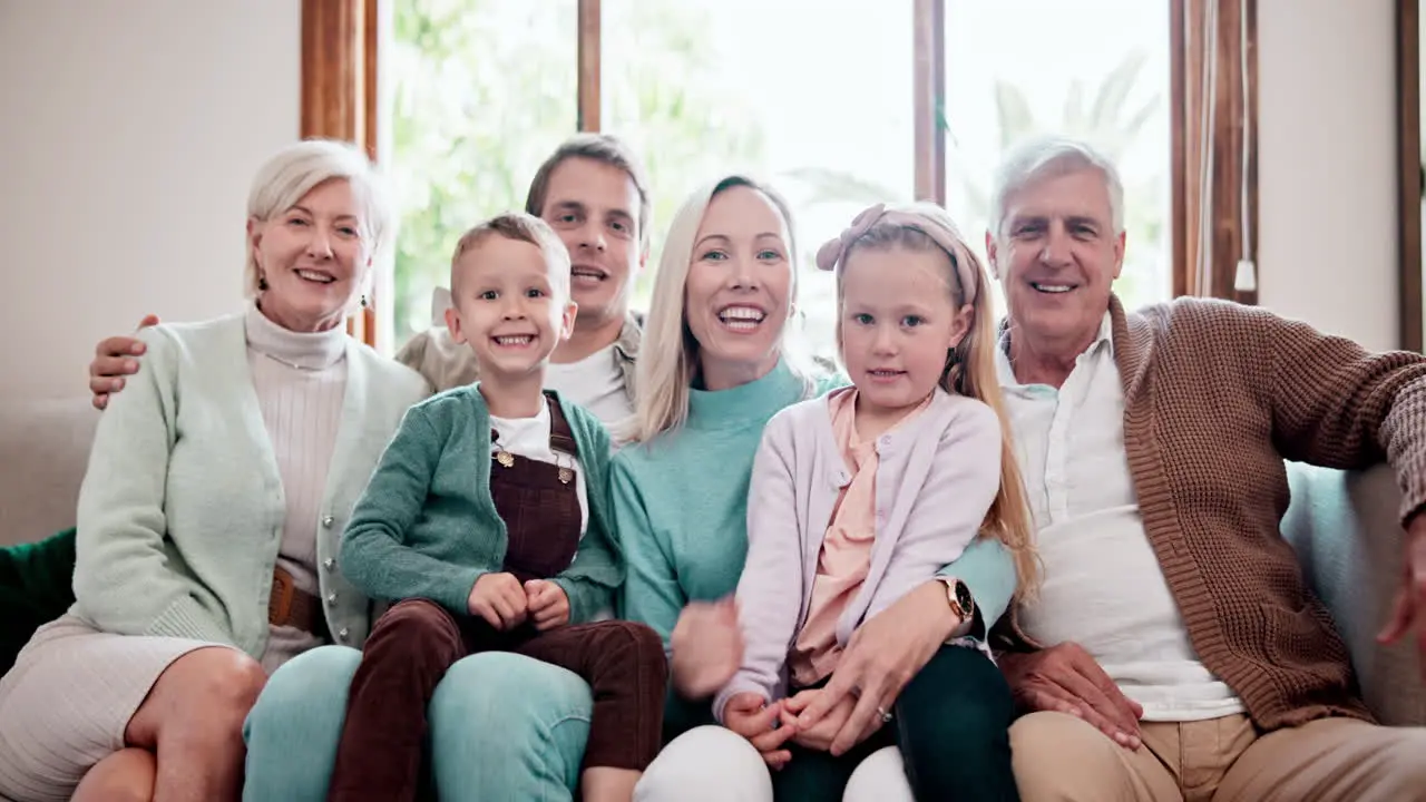 Big family face and smile on sofa happy