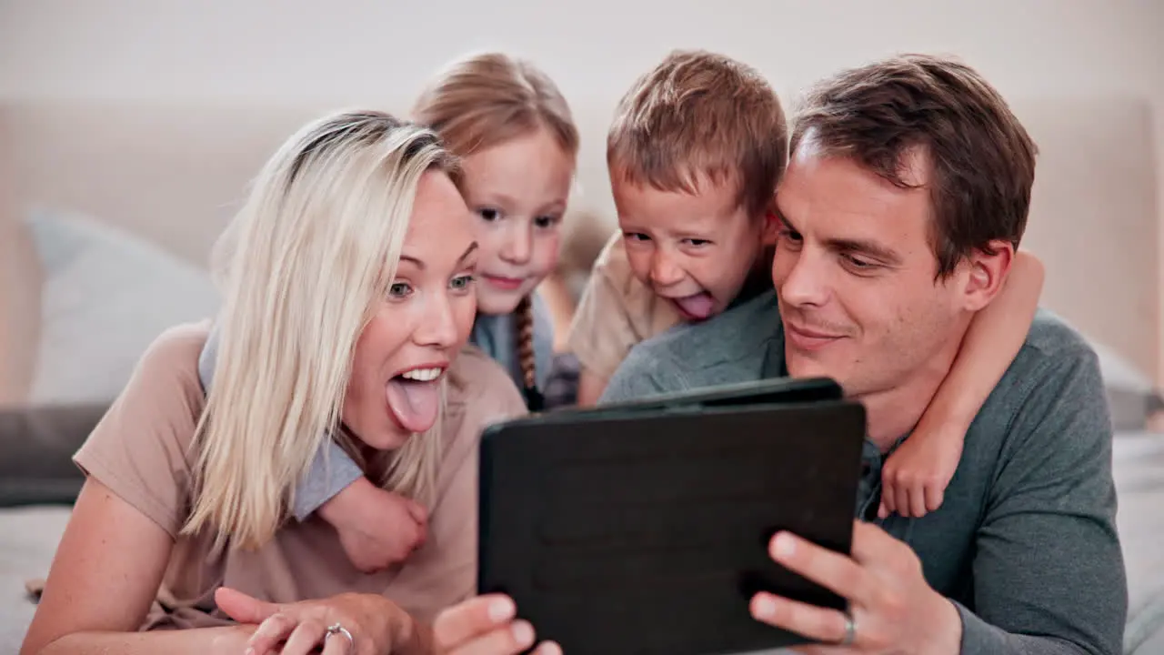 Happy family selfie and bedroom with funny face