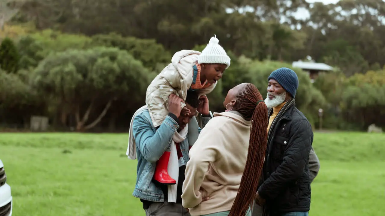 Father kiss or child in park with mother