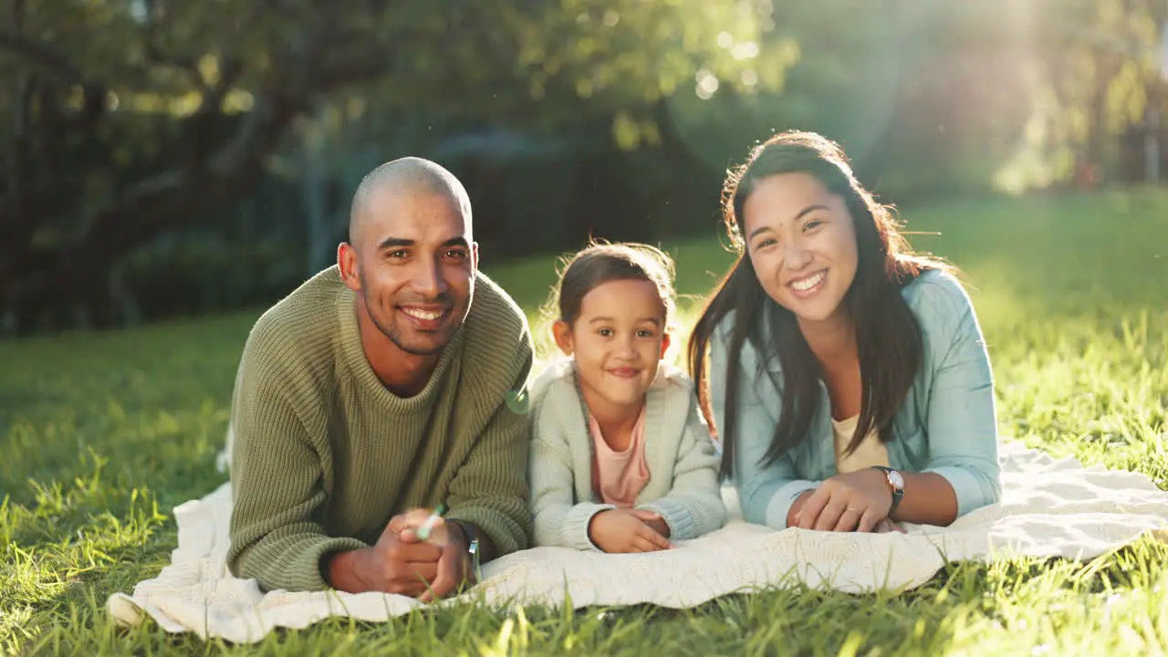 Face happy family and picnic blanket at park to