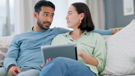 Relax tablet and ecommerce couple on sofa