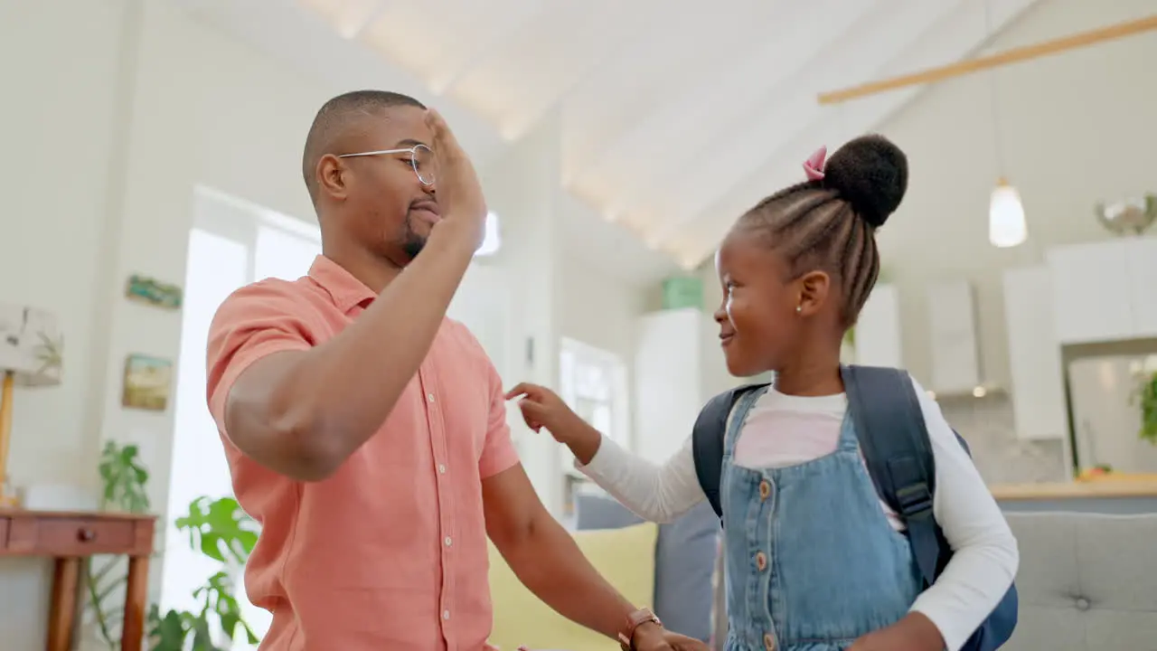 Black family education and girl with backpack