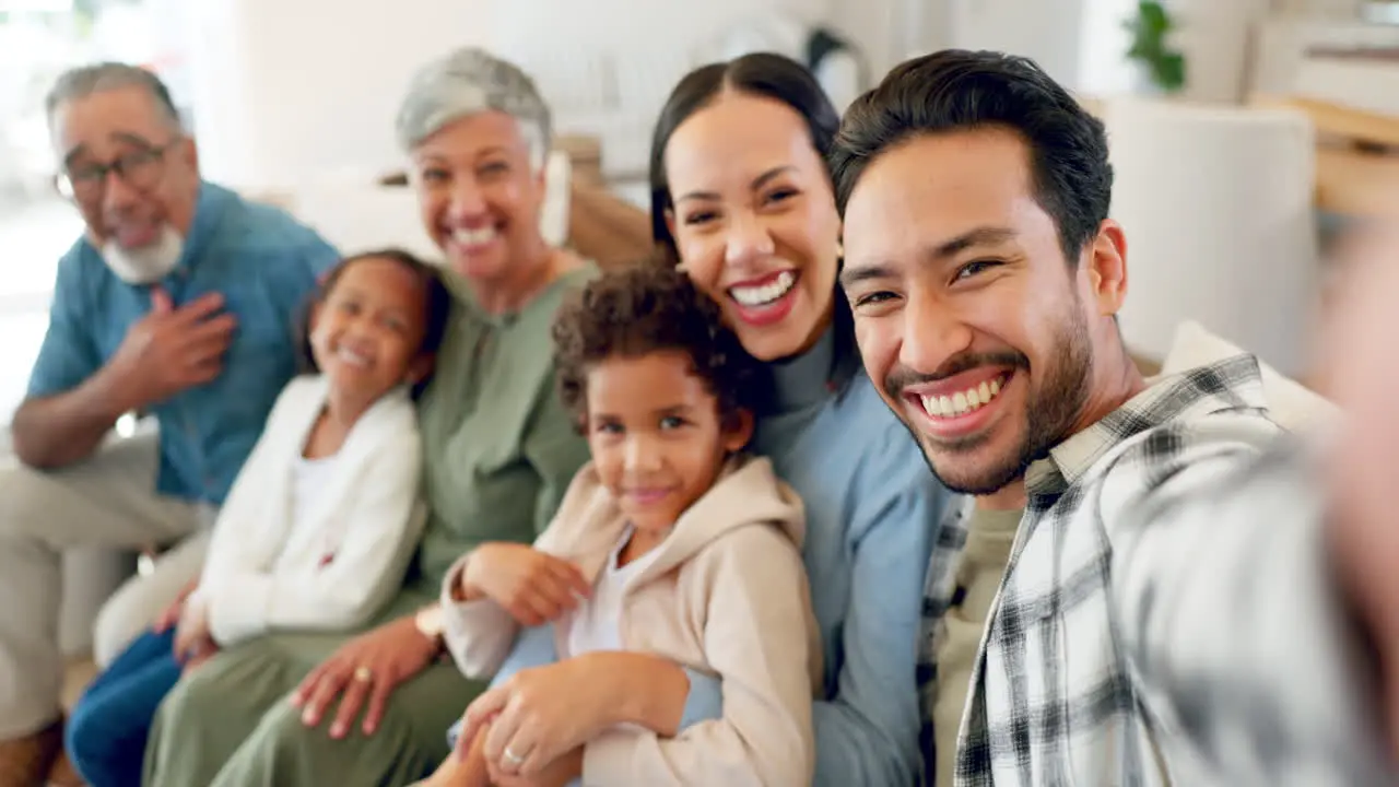 Happy big family sofa and selfie laughing