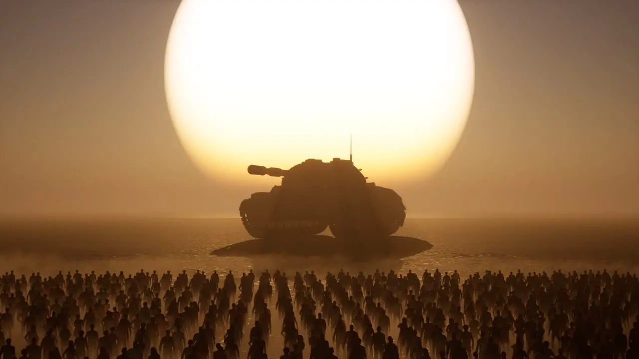 a huge tank on a desert arid environment with crowd standing idle on sunset with dark shadows 3D animation 3D scene dystopian theme camera zoom out