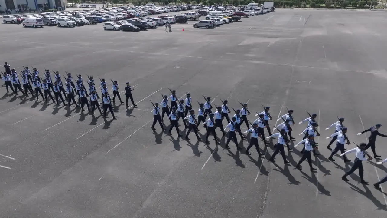 Marching soldiers formation on a ceremony in the Caribbean aerial orbit