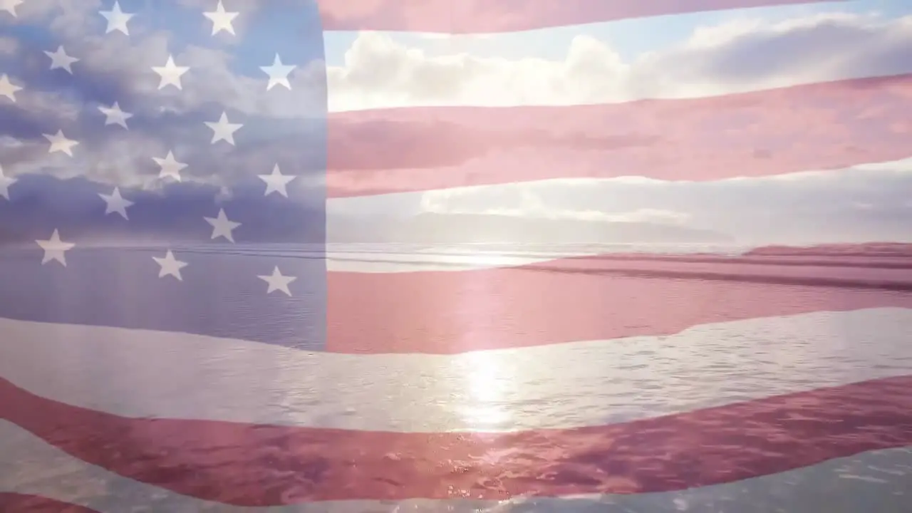 Animation of flag of america waving over sunny sky and sea