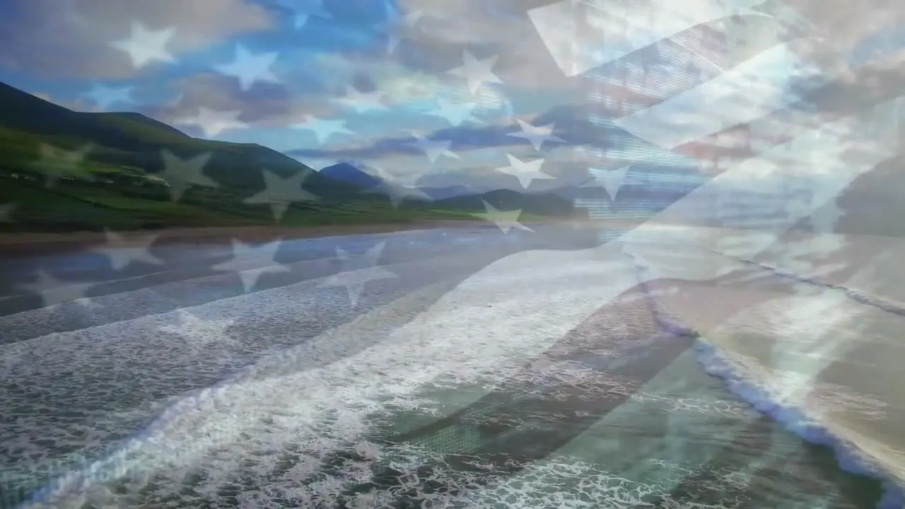 Animation of flag of america waving over sunny beach and waves breaking in sea